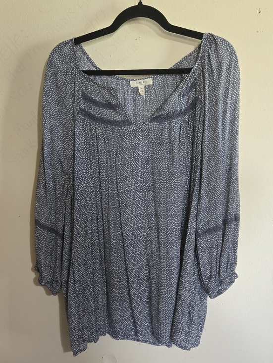 Como Vintage Tops - T46 Como Blue Vintage Blouse Pullover V-Neck Lace Detail 3/4 Sleeve Lightweight